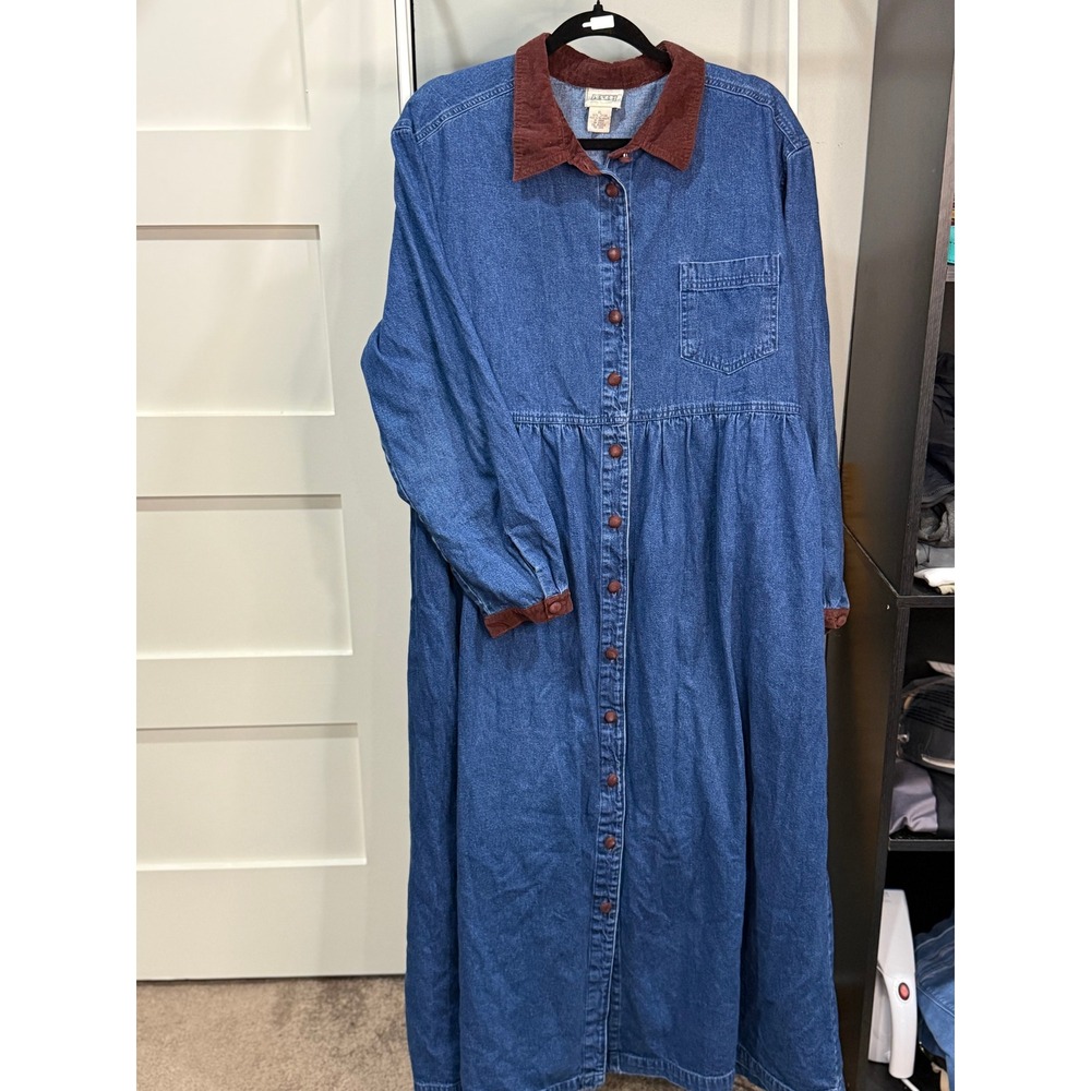 Laura Gayle Vintage Denim Maxi Dress XL Blue Cotton Corduroy Collar Button Front